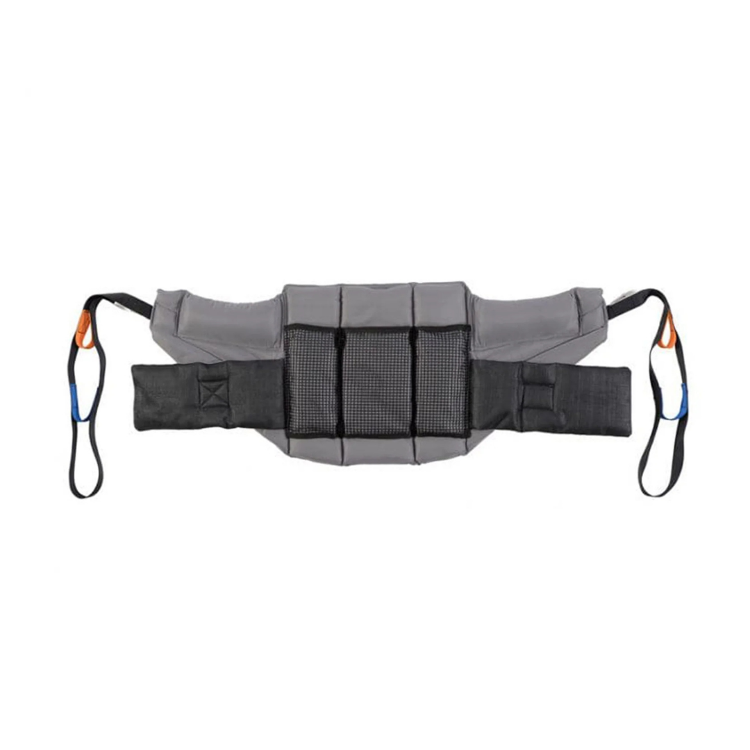 The Joerns Slings for Patient Lift Models Ascend, Elevate & Journey feature a padded gray belt with black mesh, adjustable waist strap, and orange and blue handles for safe lifting, patient transfers, standing support, or toileting assistance.
